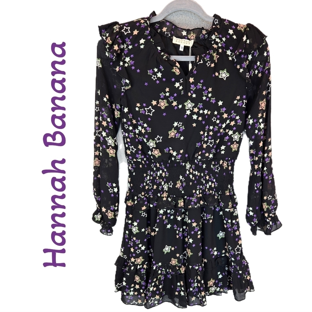 Hannah Banana Girls Dress Sz 12 Black Chiffon With Stars Long Sleeves Ruffles